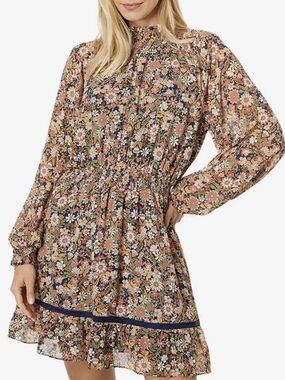 Lost + Wander| Boho Floral Pink/Navy Long-Sleeve Smocked Waist Mini Dress Sz M
